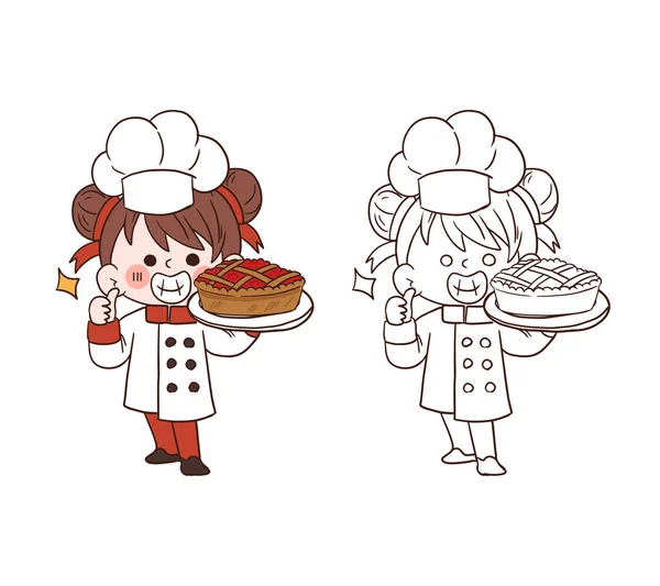 かわいい若いシェフの女の子は笑顔とイチゴのパイを保持します 漫画のベクトルアートイラスト — ストックベクタ