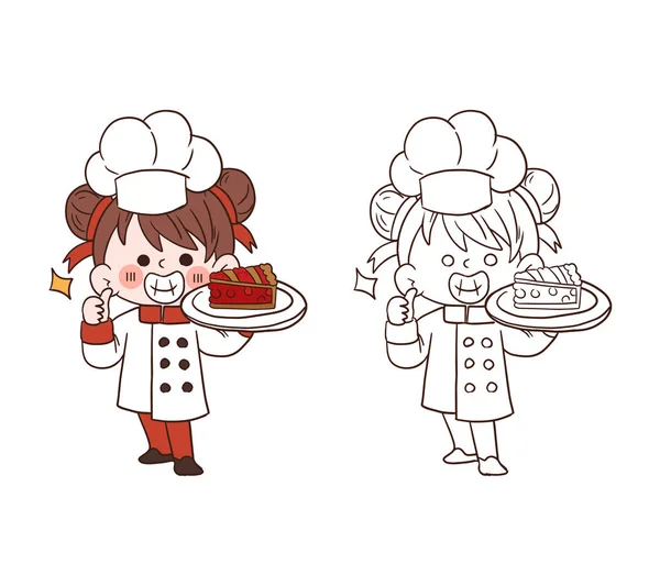 かわいい若いシェフの女の子は笑顔とイチゴのパイの作品を保持します 漫画のベクトルアートイラスト — ストックベクタ