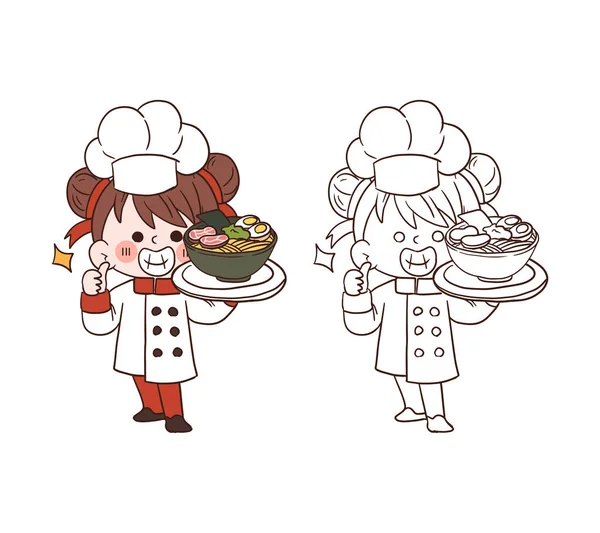 Mignon Jeune Chef Fille Souriant Tenant Bol Ramen Cartoon Vecteur — Image vectorielle