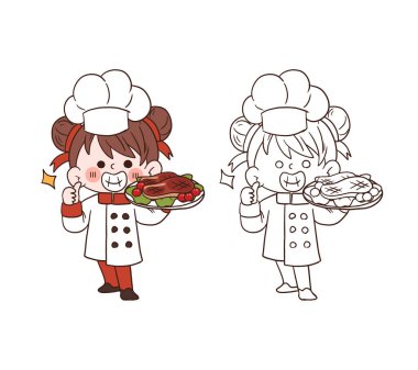 Gülümseyen ve elinde domuz bifteği tutan sevimli genç şef kız. Çizgi film çizimi.