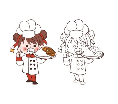 Sevimli genç şef kız gülümsüyor ve elinde rice.çizgi film vektör çizimi olan bir Japon körisi tutuyor.