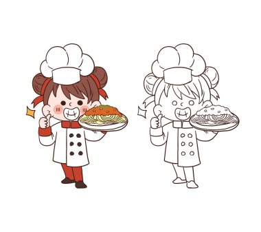 Gülümseyen ve elinde spagetti tutan sevimli genç şef kız. Çizgi film vektör çizimi.