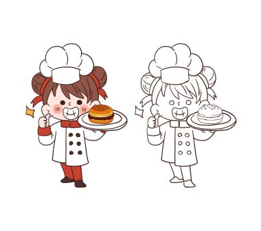 Sevimli genç şef kız gülümsüyor ve elinde bir tabak hamburger tutuyordu. Çizgi film vektör çizimi.