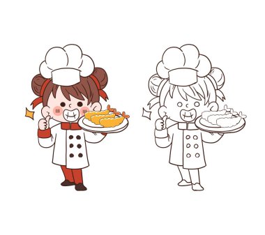 Sevimli genç şef kız gülümsüyor ve elinde kızarmış karides, Tempura.Çizgi film vektör çizimi