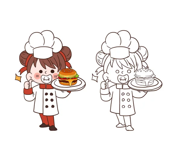 可愛い若いシェフの女の子が笑顔でチーズバーガーの皿を持っています 漫画のベクトルアートイラスト — ストックベクタ