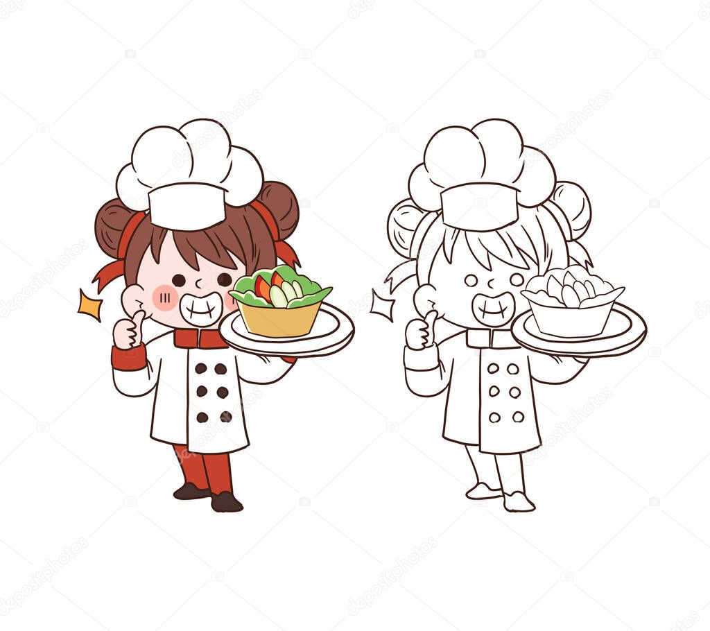 Cute young chef girl smiling and holding a veggie salad.cartoon vector art illustration