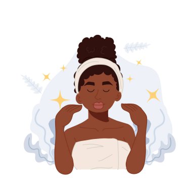 African American woman with clear face.skin care concept, self esteem .vector flat illustration.