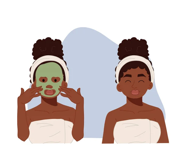 African American Woman Mud Clay Mask Sheet Result Clear Face — Stok Vektör