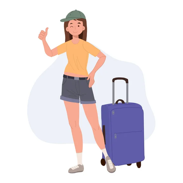 Tourism Concept Adventure Tourism Female Traveler Luggage Flat Cartoon Character - Stok Vektor