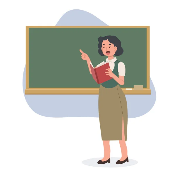 Bayan Okul Öğretmeni Karatahtanın Önünde Teknisyenlik Yapıyor Düz Vektör Çizgi — Stok Vektör
