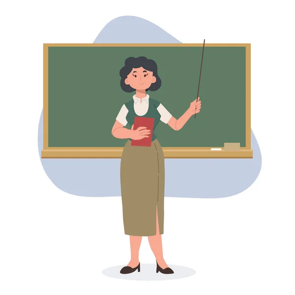 Bayan Okul Öğretmeni Karatahtanın Önünde Teknisyenlik Yapıyor Düz Vektör Çizgi — Stok Vektör