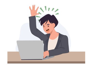 Bir adam dizüstü bilgisayarın önünde elini kaldırdı. Bir cevabım var..