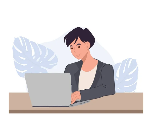 Ilustração Homem Negócios Homem Está Trabalhando Com Seu Laptop Flat —  Vetores de Stock
