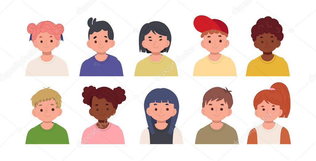 Set of children avatars. smiling faces of boys and girls.flat vector cartoon character illustration.