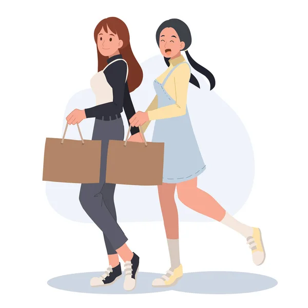 2人の幸せな若い女性の完全な長さが買い物に行く フラットベクトル漫画のキャラクターイラスト — ストックベクタ