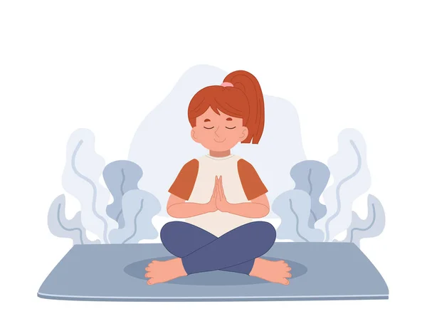 Girl Meditating Lotus Pose Meditation Children Flat Vector Cartoon Character — 图库矢量图片