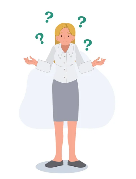 Full Length Business Woman Getiing Confuse Don Understand Question Mark — Vector de stock