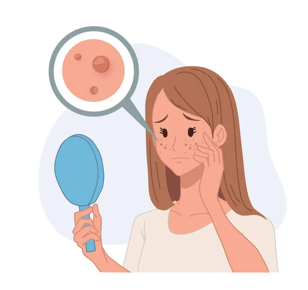 woman looking into mirror,acne problem.skin problem. skin care concept. Flat vector cartoon character illustration.