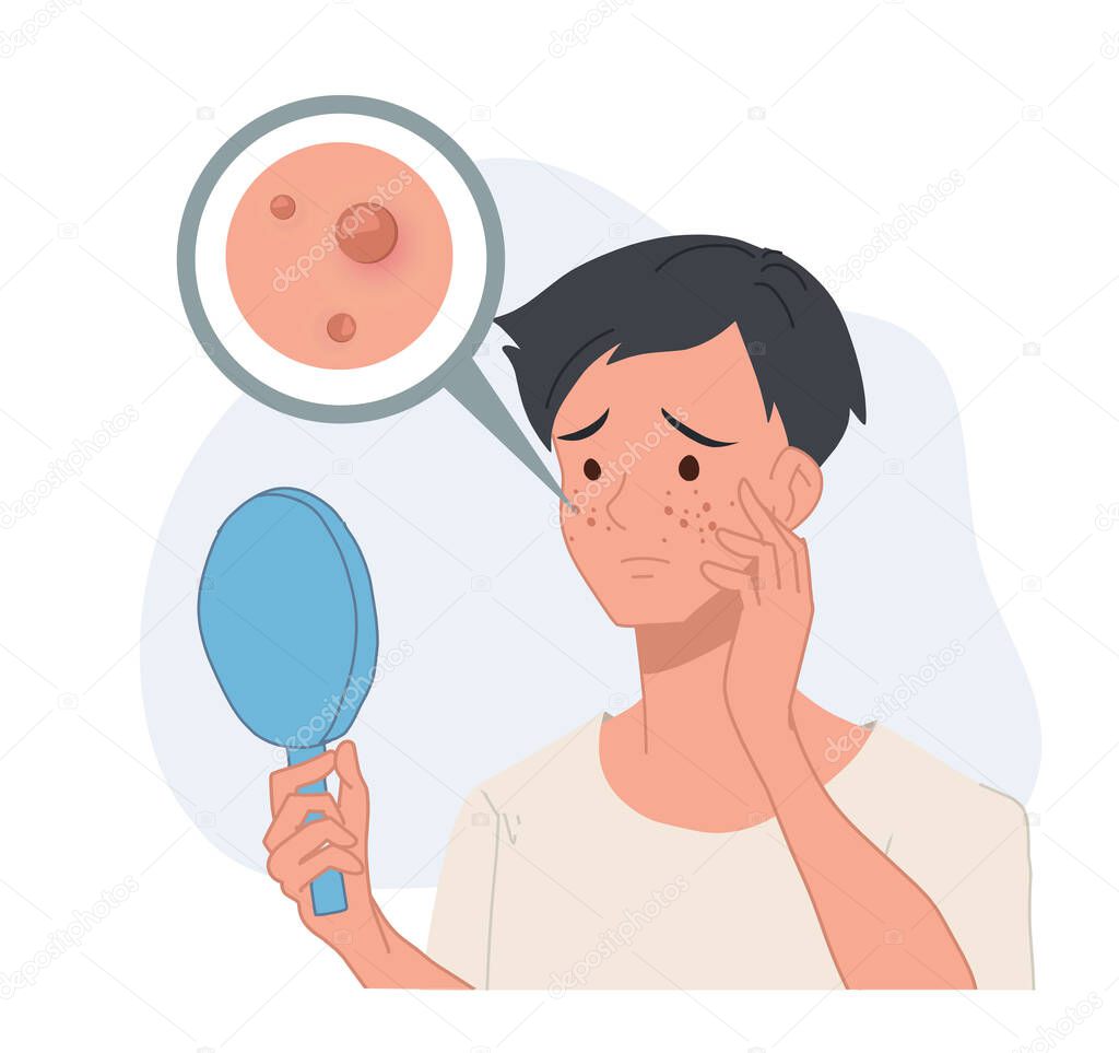 man looking into mirror,acne problem.skin problem. skin care concept. Flat vector cartoon character illustration.