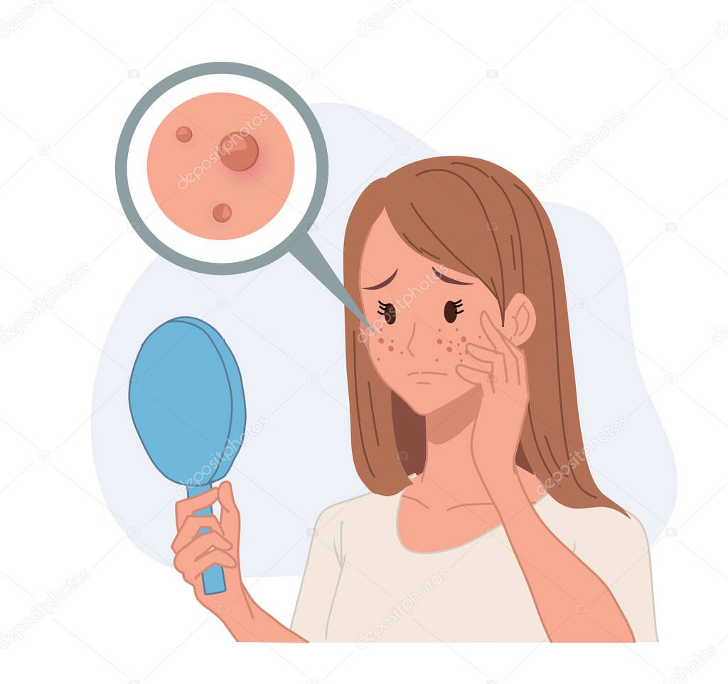 woman looking into mirror,acne problem.skin problem. skin care concept. Flat vector cartoon character illustration.