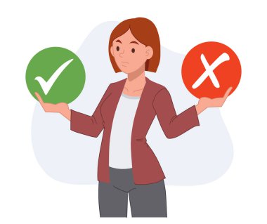 Kadın iki seçenek arasında karar veriyor. Doğru ya da yanlış. Düz vektör karakter çizimi.