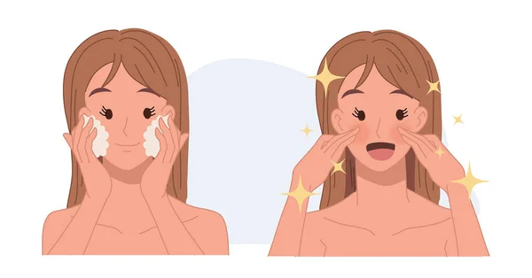 Skin Care Concept Facial Cleaning Woman Washing Her Face Flat — 图库矢量图片