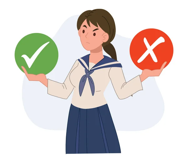 Girl Student Uniform Making Decision Two Options Right Wrong Flat — Stockový vektor