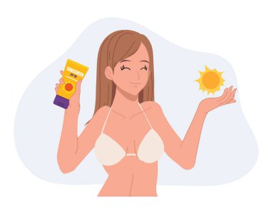 Bikinili bir kadın güneş kremi kullanıyor. Güneş kremi, güneş yanığı. Küçük bir sorun. cilt bakımı kavramı.
