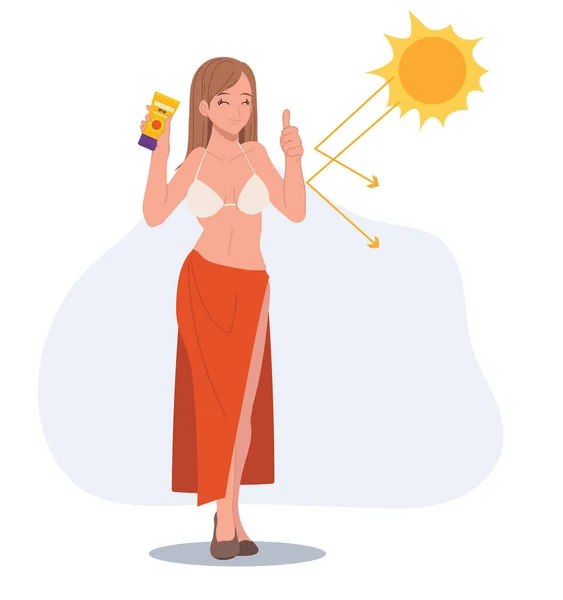 Концепція Догляду Шкірою Захист Від Сонця Щаслива Жінка Купальнику Використовує — стоковий вектор