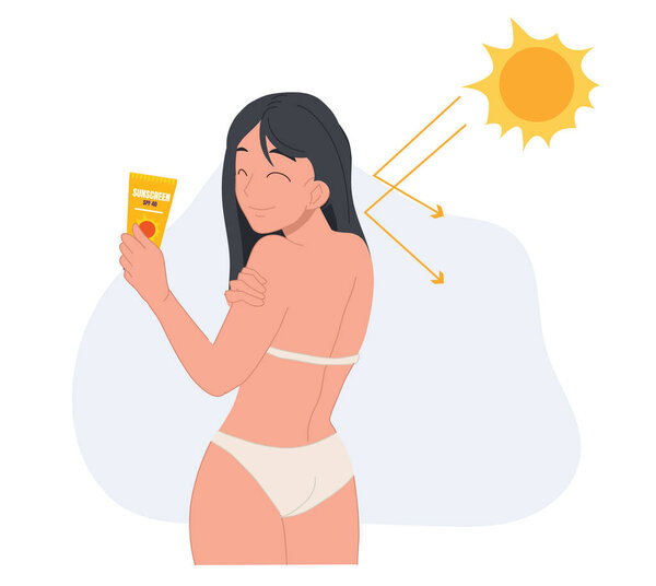 Концепция ухода за кожей, защита от солнца. Счастливая женщина в купальнике с помощью солнцезащитного крема избежать повреждения от солнечных ожогов.