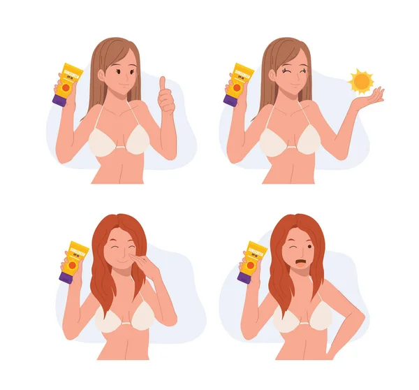 Set Woman Bikini Showing Sun Protection Product Sunblock Sunscreen — Vetor de Stock