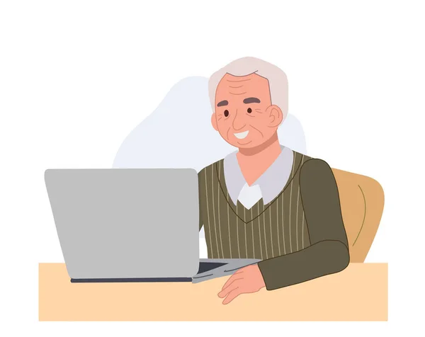 Old Man Using Laptop Senior Man Technology Concept Vector Illustrationv —  Vetores de Stock