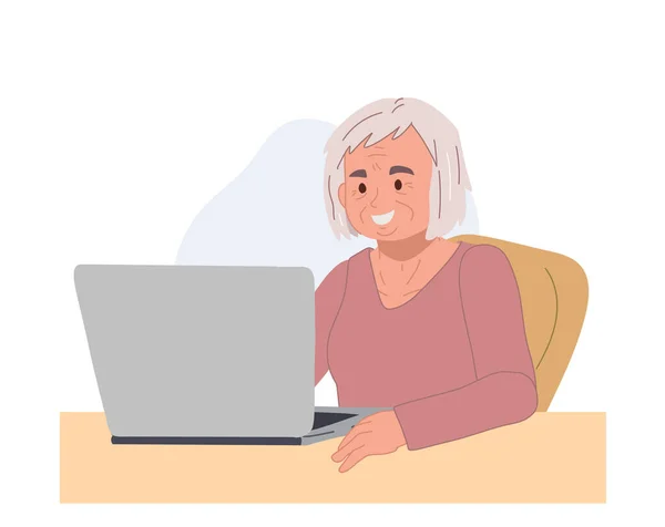 Old Woman Using Laptop Senior Woman Technology Concept Vector Illustratio —  Vetores de Stock