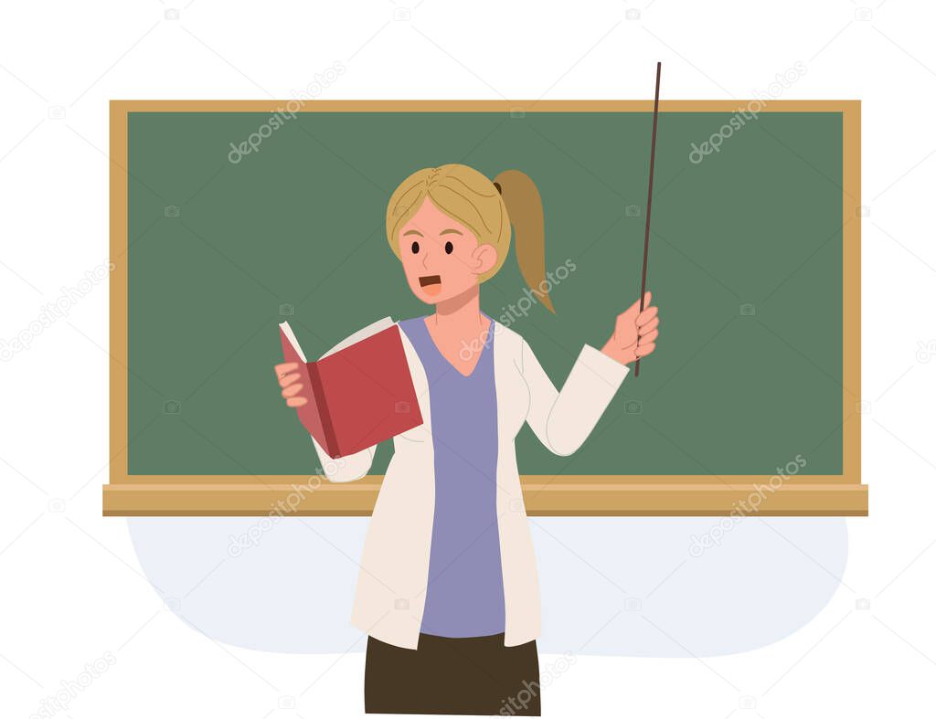 education concept. Female teacher is teaching. teacher holding pointer and book .Vector illustration.