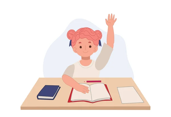 Student Girl Classroom Sitting Her Desk Raising Hand Answer Asking — Stockový vektor
