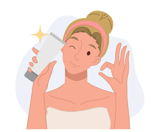 Woman Review Skincare Product Flat Vector Cartoon Character Illustration — Stockvektor