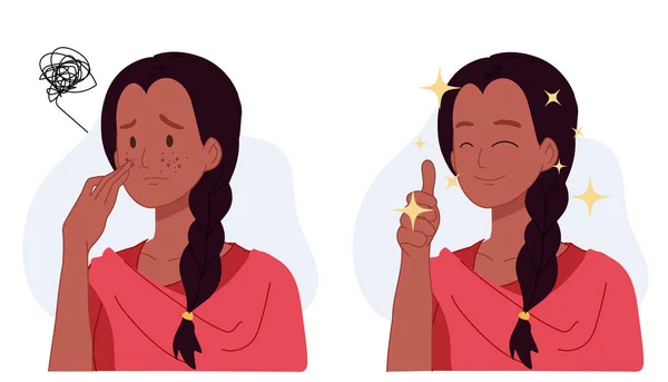 Skin Care Concept Indian Woman Girl Acne Acne Flat Vector — ストックベクタ