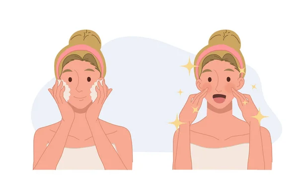 Skin Care Concept Facial Cleaning Woman Washing Her Face Flat — Stockvektor