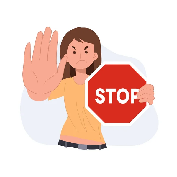 Woman Holding Red Stop Road Sign Protest Fight Concept Flat — Archivo Imágenes Vectoriales