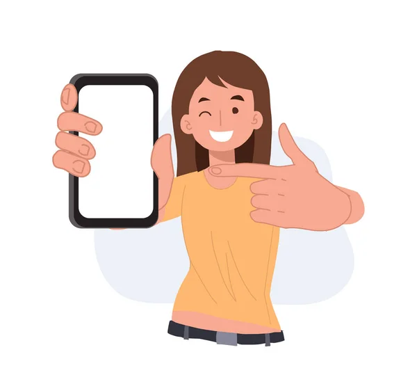 Woman showing blank smartphone screen and pointing on it. cartoon vector illustrations
