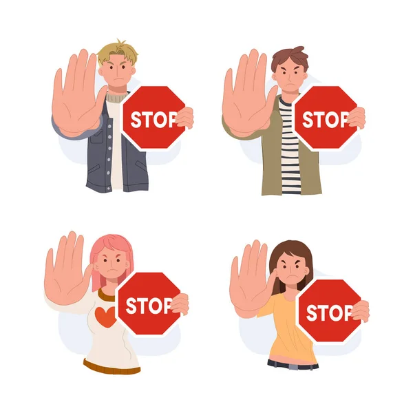Set Vector Illustration People Holding Red Stop Road Sign Protest — Archivo Imágenes Vectoriales