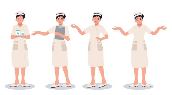 Character Set Female Nurse Different Poses Emotions Vector Cartoon Illustration — Stock Vector
