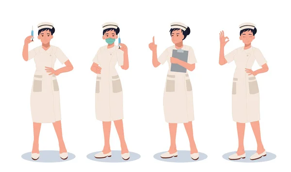 Character Set Female Nurse Different Poses Emotions Vector Cartoon Illustration — стоковый вектор