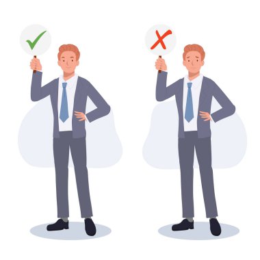 İşadamı tabela tutuyor, olumlu ve olumsuz işaretler. Doğru, yanlış, yapma, yapma. Düz vektör çizgi film karakteri çizimi.