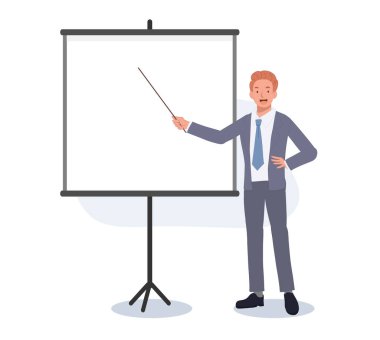 Businessman pointing on blank Board for presentation. Young Businessman in Business Suit with Tie. Flat vector illustration.