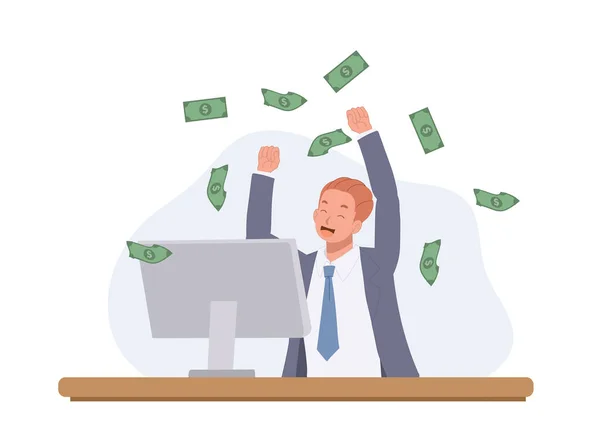 Happy Businessman Making Lot Money Internet Win Prize Get Money — ストックベクタ