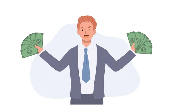 Businessman Holds Lot Money Hands Financial Success Growth Flact Vector — ストックベクタ