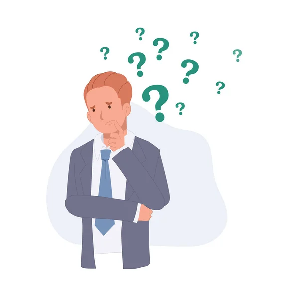 Businessman Thinking Surrounded Question Mark Flat Vector Illustration — Vector de stock