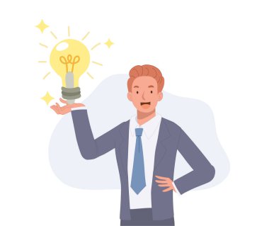 İş yaratıcılığı konsepti. Ampulü olan bir iş adamı. Vektör çizgi film illüstrasyonu.