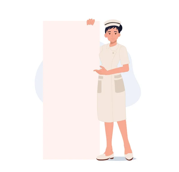 Female Nurse Blank Big Signboard Your Text Here Flat Vector — Stockvektor